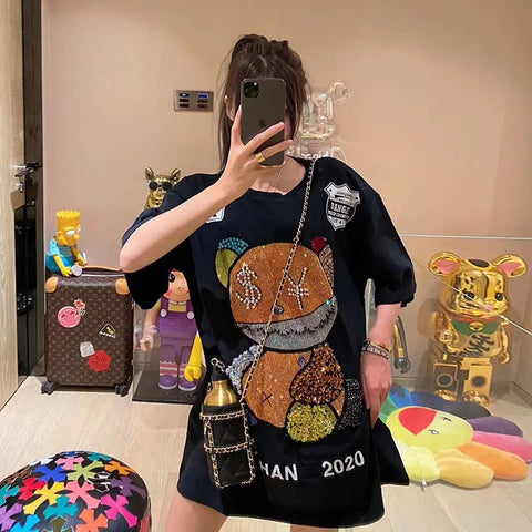 Summer Harajuku Bear Diamonds Loose T Shirt CODE: KAR2532