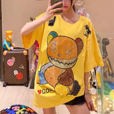 Summer Harajuku Bear Diamonds Loose T Shirt CODE: KAR2532