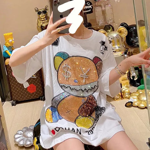 Summer Harajuku Bear Diamonds Loose T Shirt CODE: KAR2532
