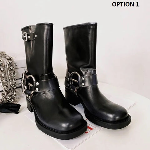 Autumn Winter Hot Punk Gothic Knee High Buckle Mid Calf Boot CODE: KAR2536