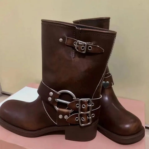 Autumn Winter Hot Punk Gothic Knee High Buckle Mid Calf Boot CODE: KAR2536