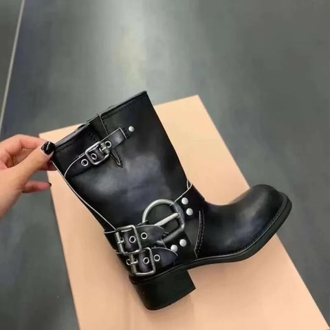 Autumn Winter Hot Punk Gothic Knee High Buckle Mid Calf Boot CODE: KAR2536