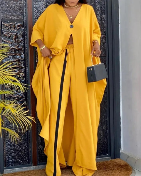 New Casual Printing V-neck Long Sleeve Single-button Decor Split Top Wide Leg Pant Two Piece Set CODE: KAR2553