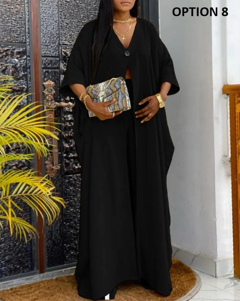 New Casual Printing V-neck Long Sleeve Single-button Decor Split Top Wide Leg Pant Two Piece Set CODE: KAR2553