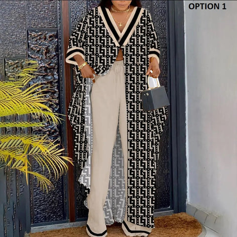 New Casual Printing V-neck Long Sleeve Single-button Decor Split Top Wide Leg Pant Two Piece Set CODE: KAR2553