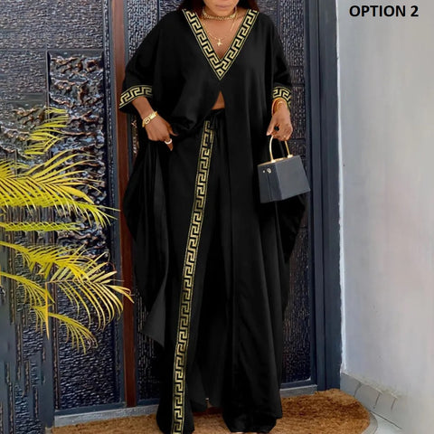 New Casual Printing V-neck Long Sleeve Single-button Decor Split Top Wide Leg Pant Two Piece Set CODE: KAR2553