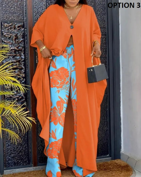 New Casual Printing V-neck Long Sleeve Single-button Decor Split Top Wide Leg Pant Two Piece Set CODE: KAR2553