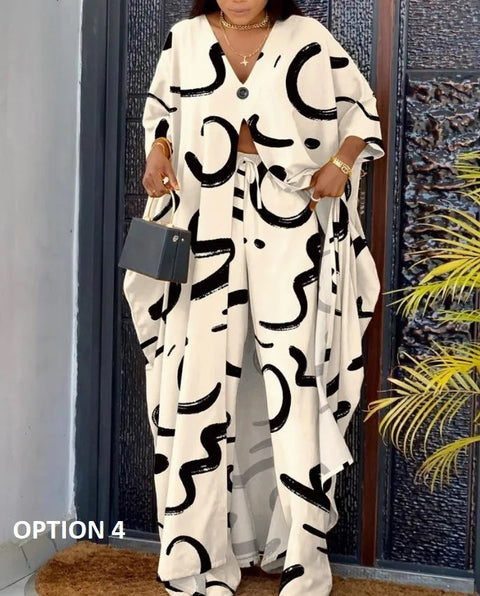 New Casual Printing V-neck Long Sleeve Single-button Decor Split Top Wide Leg Pant Two Piece Set CODE: KAR2553