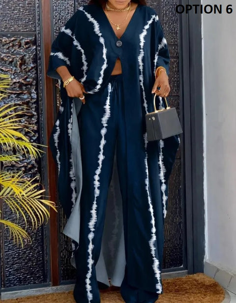 New Casual Printing V-neck Long Sleeve Single-button Decor Split Top Wide Leg Pant Two Piece Set CODE: KAR2553