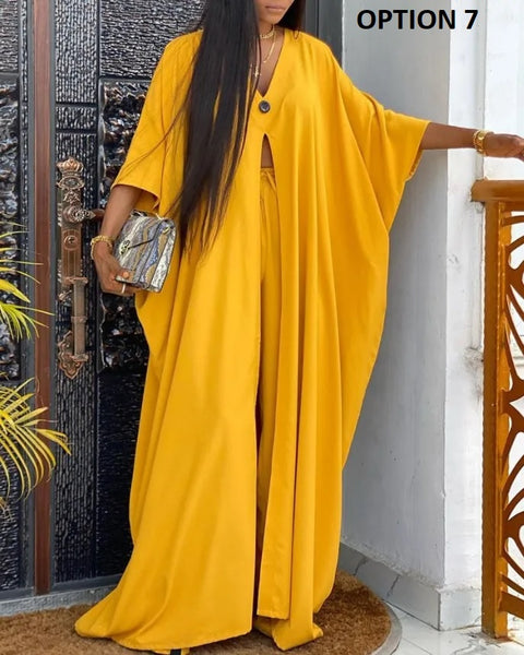 New Casual Printing V-neck Long Sleeve Single-button Decor Split Top Wide Leg Pant Two Piece Set CODE: KAR2553