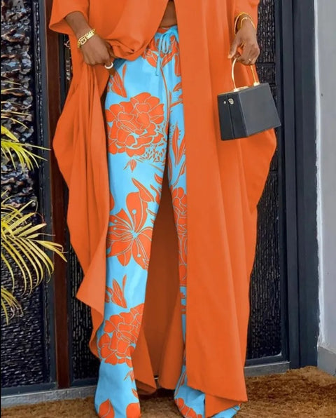 New Casual Printing V-neck Long Sleeve Single-button Decor Split Top Wide Leg Pant Two Piece Set CODE: KAR2553