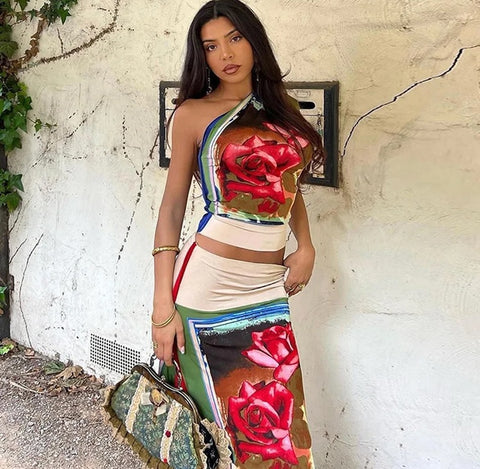 New Fashion Print Single Sleeve Retro Style Oblique Shoulder  2 Pcs Set CODE: KAR2554