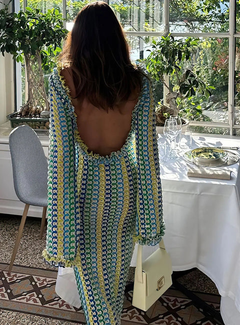 Elegant Fashion Chic O-neck Long Sleeve Hollow Out Backless Crochet Knitted Dress CODE: KAR2555