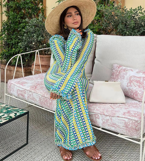 Elegant Fashion Chic O-neck Long Sleeve Hollow Out Backless Crochet Knitted Dress CODE: KAR2555