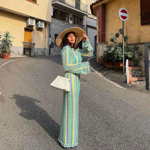 Elegant Fashion Chic O-neck Long Sleeve Hollow Out Backless Crochet Knitted Dress CODE: KAR2555