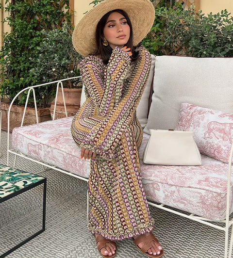 Elegant Fashion Chic O-neck Long Sleeve Hollow Out Backless Crochet Knitted Dress CODE: KAR2555
