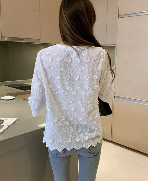 New Fashion Stereoscopic Embroidered Floral Short Sleeve Shirt CODE: KAR2556