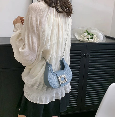 New Fashion Canvas Moon Handle Faux Diamonds Hasp Shoulder Pack Chic Lady Chain Shoulder Bag CODE: KAR2558
