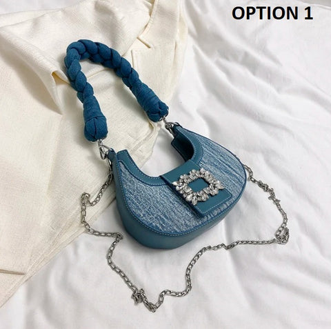 New Fashion Canvas Moon Handle Faux Diamonds Hasp Shoulder Pack Chic Lady Chain Shoulder Bag CODE: KAR2558