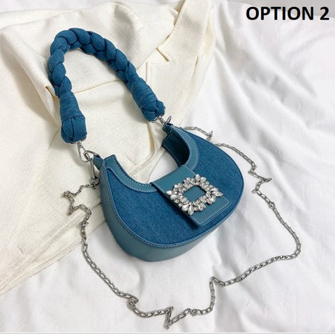 New Fashion Canvas Moon Handle Faux Diamonds Hasp Shoulder Pack Chic Lady Chain Shoulder Bag CODE: KAR2558