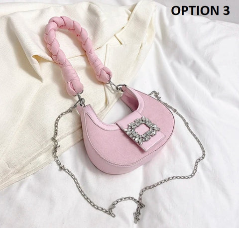 New Fashion Canvas Moon Handle Faux Diamonds Hasp Shoulder Pack Chic Lady Chain Shoulder Bag CODE: KAR2558