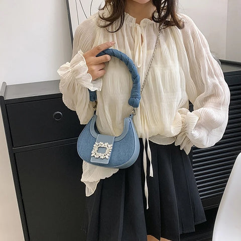 New Fashion Canvas Moon Handle Faux Diamonds Hasp Shoulder Pack Chic Lady Chain Shoulder Bag CODE: KAR2558