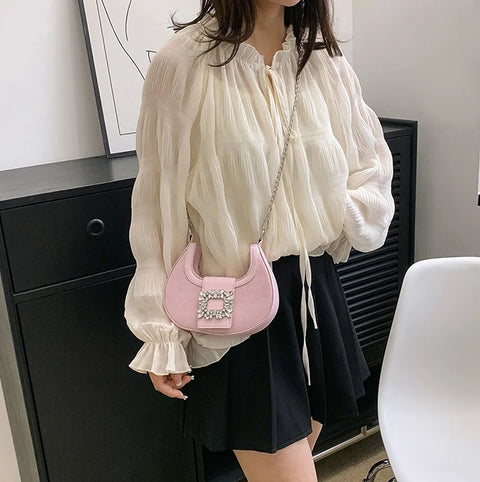 New Fashion Canvas Moon Handle Faux Diamonds Hasp Shoulder Pack Chic Lady Chain Shoulder Bag CODE: KAR2558