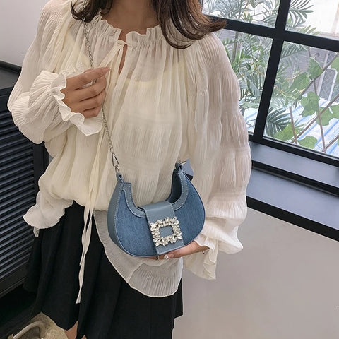 New Fashion Canvas Moon Handle Faux Diamonds Hasp Shoulder Pack Chic Lady Chain Shoulder Bag CODE: KAR2558