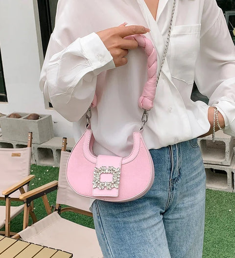 New Fashion Canvas Moon Handle Faux Diamonds Hasp Shoulder Pack Chic Lady Chain Shoulder Bag CODE: KAR2558