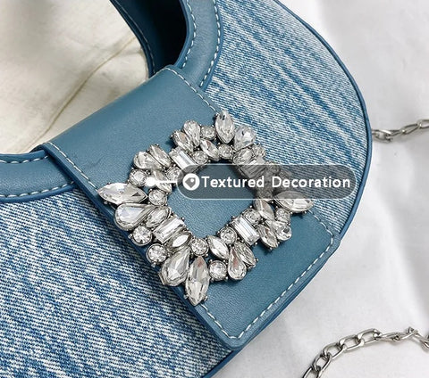New Fashion Canvas Moon Handle Faux Diamonds Hasp Shoulder Pack Chic Lady Chain Shoulder Bag CODE: KAR2558