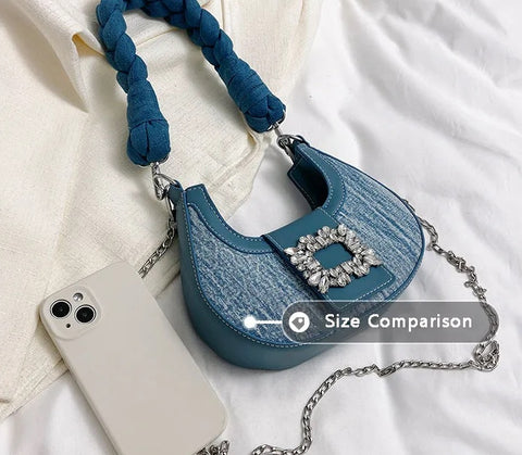 New Fashion Canvas Moon Handle Faux Diamonds Hasp Shoulder Pack Chic Lady Chain Shoulder Bag CODE: KAR2558