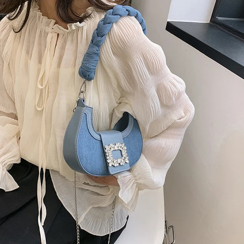 New Fashion Canvas Moon Handle Faux Diamonds Hasp Shoulder Pack Chic Lady Chain Shoulder Bag CODE: KAR2558