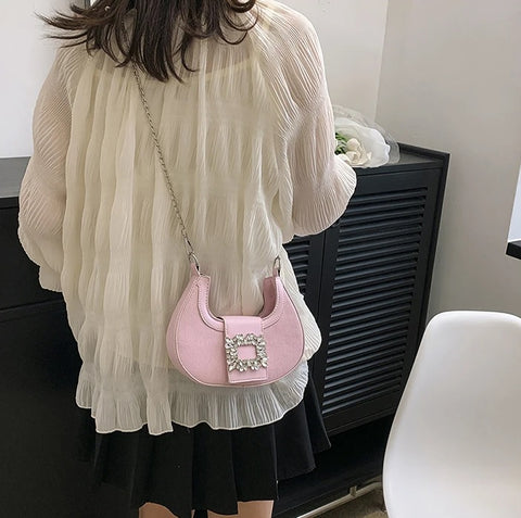 New Fashion Canvas Moon Handle Faux Diamonds Hasp Shoulder Pack Chic Lady Chain Shoulder Bag CODE: KAR2558