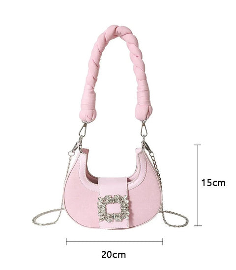 New Fashion Canvas Moon Handle Faux Diamonds Hasp Shoulder Pack Chic Lady Chain Shoulder Bag CODE: KAR2558