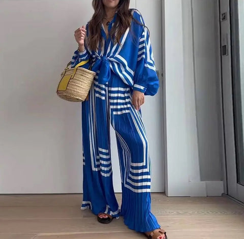 New Fashion Lace Up Long Sleeve Shirt  Chiffon Stripe Print Pant 2 Piece Set CODE: KAR2560