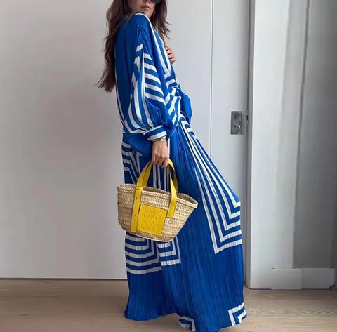 New Fashion Lace Up Long Sleeve Shirt  Chiffon Stripe Print Pant 2 Piece Set CODE: KAR2560