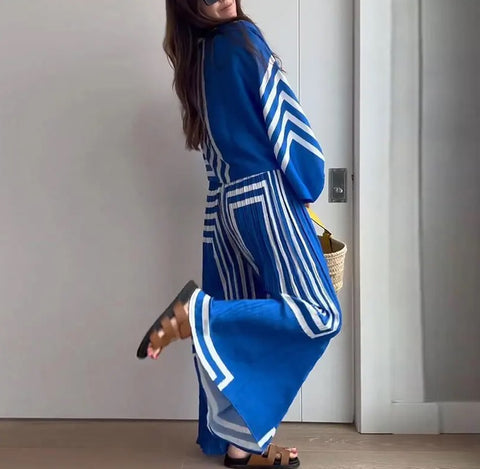 New Fashion Lace Up Long Sleeve Shirt  Chiffon Stripe Print Pant 2 Piece Set CODE: KAR2560