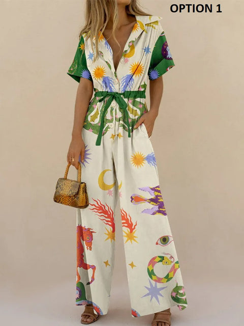 New Summer Half Sleeve Single Breasted Snake Animal Printed Lapel Shirt Wide Leg Pant CODE: KAR2561