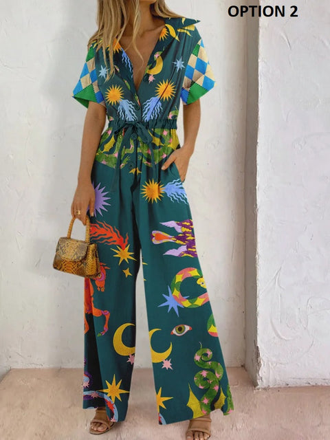 New Summer Half Sleeve Single Breasted Snake Animal Printed Lapel Shirt Wide Leg Pant CODE: KAR2561