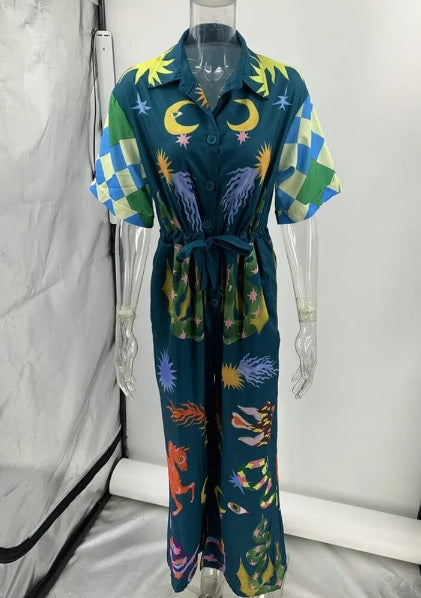 New Summer Half Sleeve Single Breasted Snake Animal Printed Lapel Shirt Wide Leg Pant CODE: KAR2561