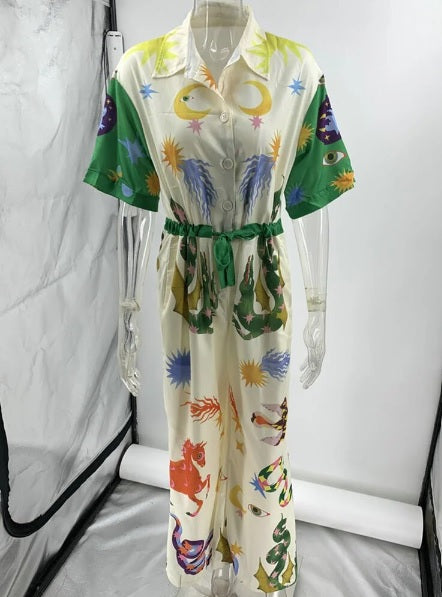 New Summer Half Sleeve Single Breasted Snake Animal Printed Lapel Shirt Wide Leg Pant CODE: KAR2561