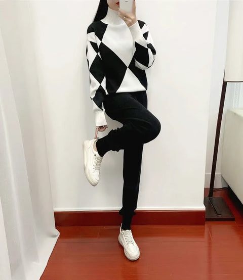 Autumn Winter Fashion Sleepwear Sweater Knit Tracksuit Pocket Harem Pant Suit Two Piece Set CODE: KAR2562