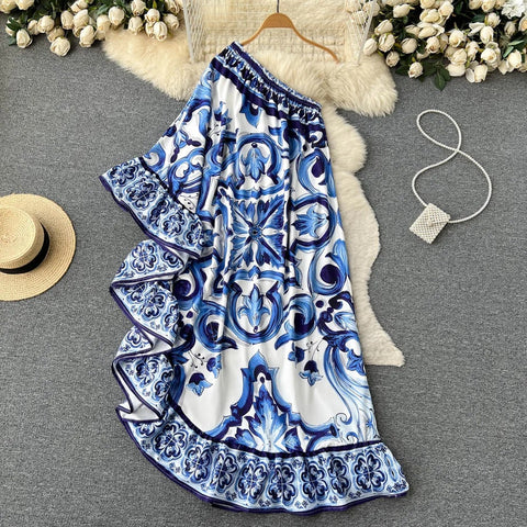 New Summer Designer Cool Shoulder Ruffled Bohemian Asymmetry Long Dress CODE: KAR2567