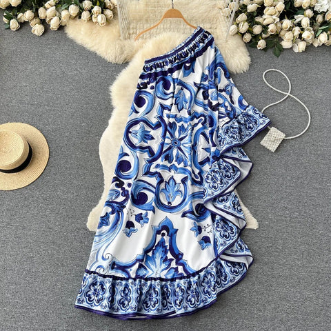 New Summer Designer Cool Shoulder Ruffled Bohemian Asymmetry Long Dress CODE: KAR2567
