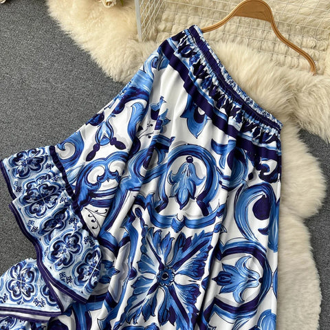New Summer Designer Cool Shoulder Ruffled Bohemian Asymmetry Long Dress CODE: KAR2567
