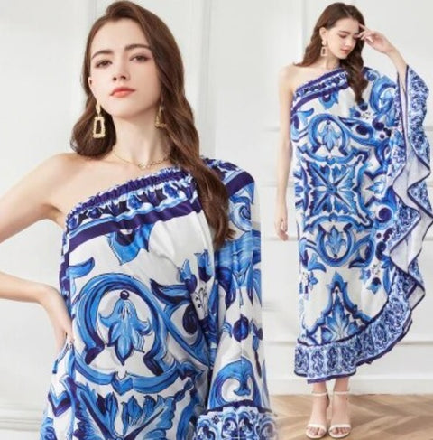 New Summer Designer Cool Shoulder Ruffled Bohemian Asymmetry Long Dress CODE: KAR2567
