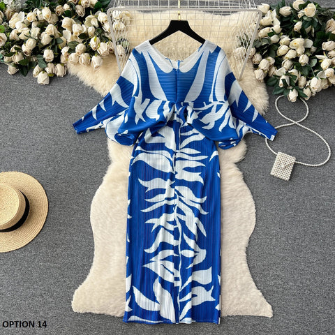 New Summer Fashion Elegant V Neck Lantern Sleeve Elastic Waist Pleated Floral Print Loose Long Dress CODE: KAR2570