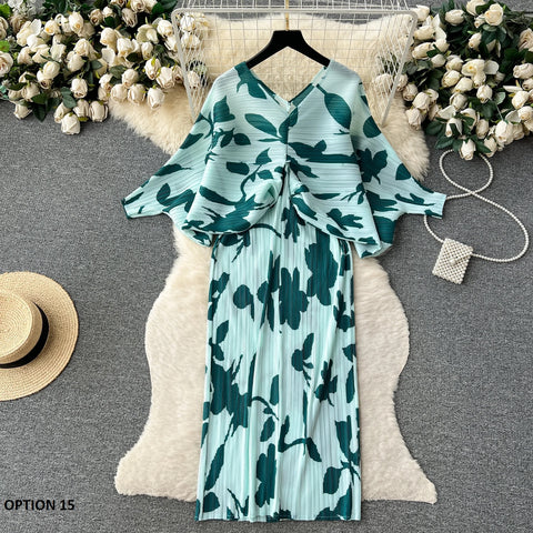 New Summer Fashion Elegant V Neck Lantern Sleeve Elastic Waist Pleated Floral Print Loose Long Dress CODE: KAR2570