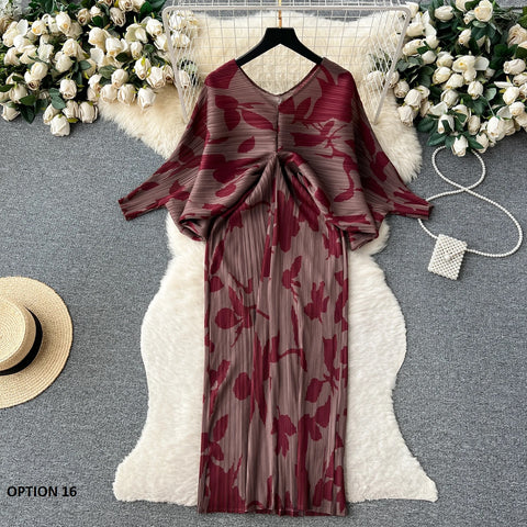 New Summer Fashion Elegant V Neck Lantern Sleeve Elastic Waist Pleated Floral Print Loose Long Dress CODE: KAR2570