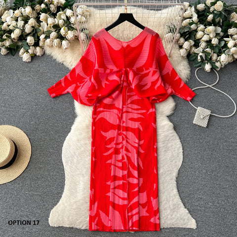 New Summer Fashion Elegant V Neck Lantern Sleeve Elastic Waist Pleated Floral Print Loose Long Dress CODE: KAR2570